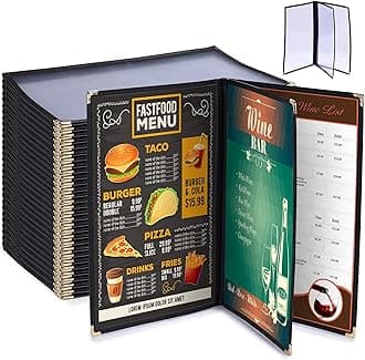WeChef 30 Pack Restaurant Menu Covers 8.5 x 14" Book Style 3 Pages 6 Views PVC Transparent Restaurant Menu Holder Book Cafe Hotel Bar Black