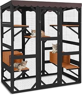 GUTINNEEN Catio Outdoor Cat Enclosure 70" Large Wooden Cat House Walk-in Cat Cage Kitty Shlter Playpen with 7 Platforms, 2 Resting Boxes, Waterproof Cover for 2-6 Cats (Black)