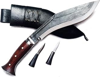 MASUM Kukri Knife, 10-inch Carbon Steel Blade, Rosewood Handle, Black Leather Sheath, 2 Small Knives