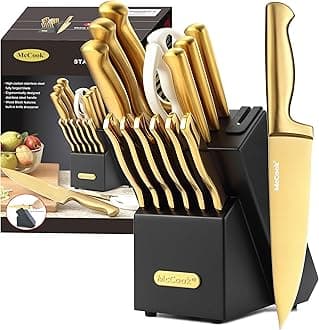 McCook® Knife Sets, Golden Titanium Stainless Steel Kitchen Knife Block Sets with Built-in Sharpener