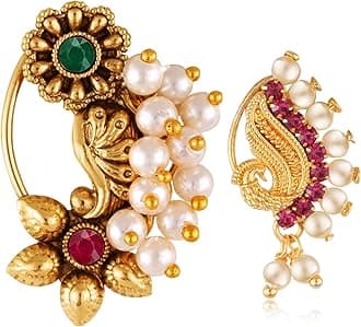 Vighnaharta Green Red CZ stone and Pearls moti Nath Nathiya./ Nose Pin for women[VFJ1180MULTI-1080RED-NTH-PRESS]