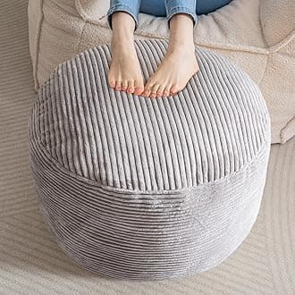 HIGOGOGO Round Stuffed Pouf Ottoman, Corduroy Poufs with Foam Chunk Filling, Furry and Fluffy Pouf Foot Stool Storage Ottoman, 20 X 15 Floor Poufs Foot Rest for Living Room, Grey