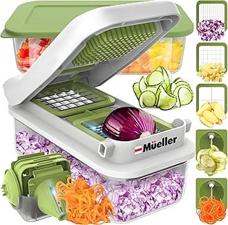 MuellerPro-Series V Blade Veggie Chopper, Egg Slicer, Spiralizer, Dicer, Cutter, Food Chopper, Gifts for Mom, Kitchen Accessories & Kitchen Essentials with Food Container and Lid White Sand/Green