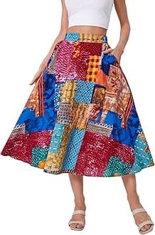 WDIRARA Women's Patchwork Skirt High Waisted A Line Flowy Boho Vintage Midi Skirt