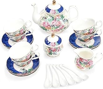 21-Piece Blue Lace Porcelain Tea Set, China Coffee Cup and Saucer Set for 6, Pink Flower Tea Sets for Adults Women