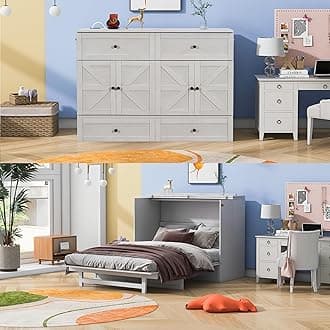 Full Size Murphy Bed with Charging Station & Drawer,Mobile Cabinet Bed Murphy Chest Bed with USB Ports,Wooden Space-Saving Folding Murphy Bed for Bedroom Guest Room,Brushed White