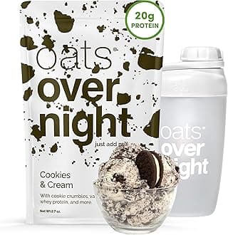 Oats Overnight Cookies & Cream - Overnight Oats with 20g Whey Protein, High Fiber Breakfast Protein Shake - Gluten Free Oatmeal, Non GMO High Protein Oatmeal (2.7 oz per Meal) (8 Pack + Shaker Bottle)