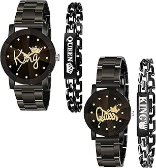CERO King Queen Analogue Watch and Bracelet Combo for Couple (Black) - Pack of 4