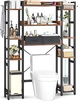 Over The Toilet Storage with 2 Drawers - 11 Tier Bathroom Organizer Freestanding Space Saver Storage Rack with Adjustable Shelf Above Toilet Stand with 4 Hooks for Restroom, Laundry, Rustic Brown