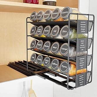 SpaceAid Pull Out Spice Rack Organizer with 20 Jars, Heavy Duty Slide Out Seasoning Organizer for Kitchen Cabinets, with 801 Labels and Chalk Marker, Left Facing, Clear (hg-5/1x4-black-dpz)