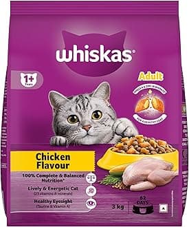 Whiskas Adult (1+ Years) Dry Cat Food, Chicken Flavour, 3 kg, Contains 41 Essential Nutrients, Complete & Balanced Nutrition for Adult Cats