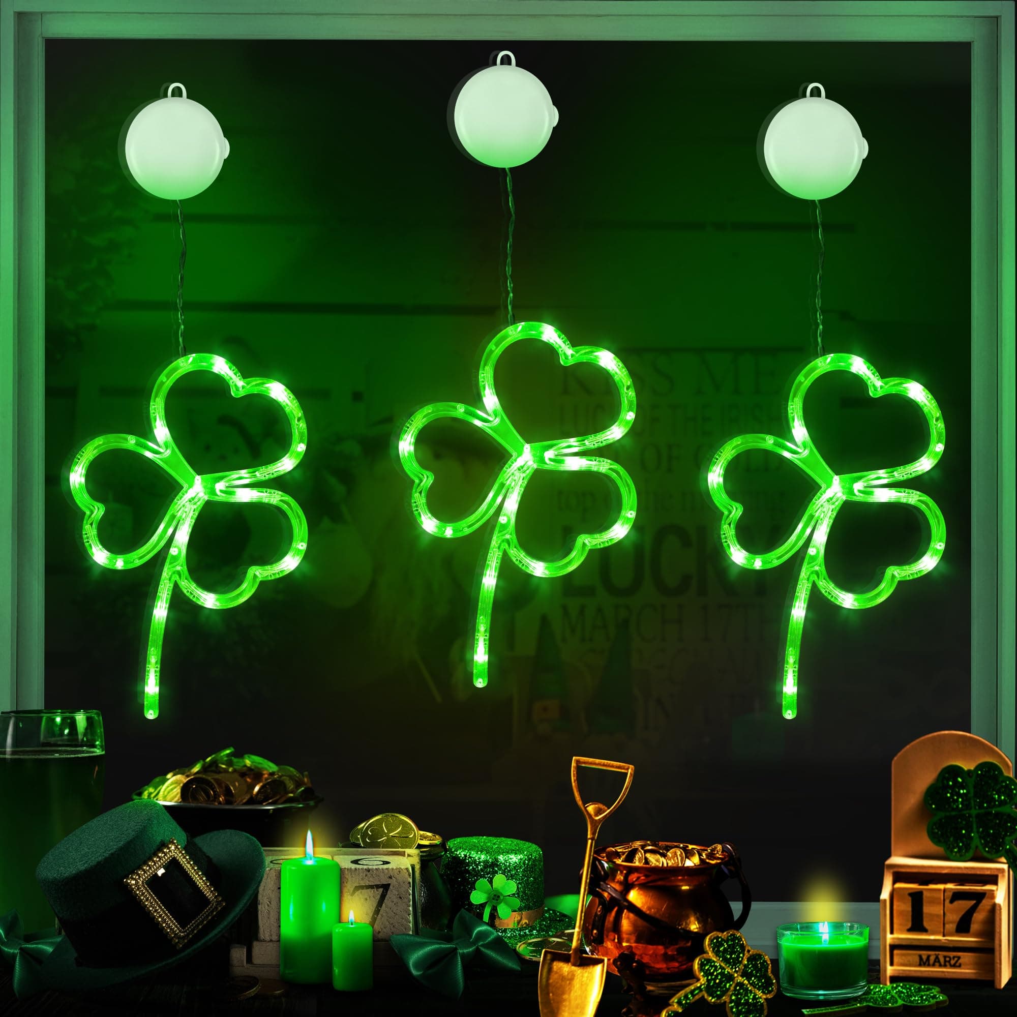 [Timer] 3 Pack St Patricks Day Decorations Shamrocks Window Lights Battery Operated, Green St. Patrick's Day Lights Saint Patricks Day Decor Window Silhouette Lights for Home Party Door Indoor Outdoor