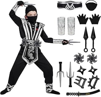 Silver Ninja Deluxe Costume Set with Ninja Foam Accessories toys for Kids Kung Fu Outfit Halloween Ideas