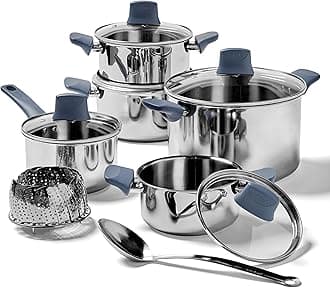 Tefal Essentials Stainless Steel Cookware Set 12 Piece Induction Compatible Silver/Blue