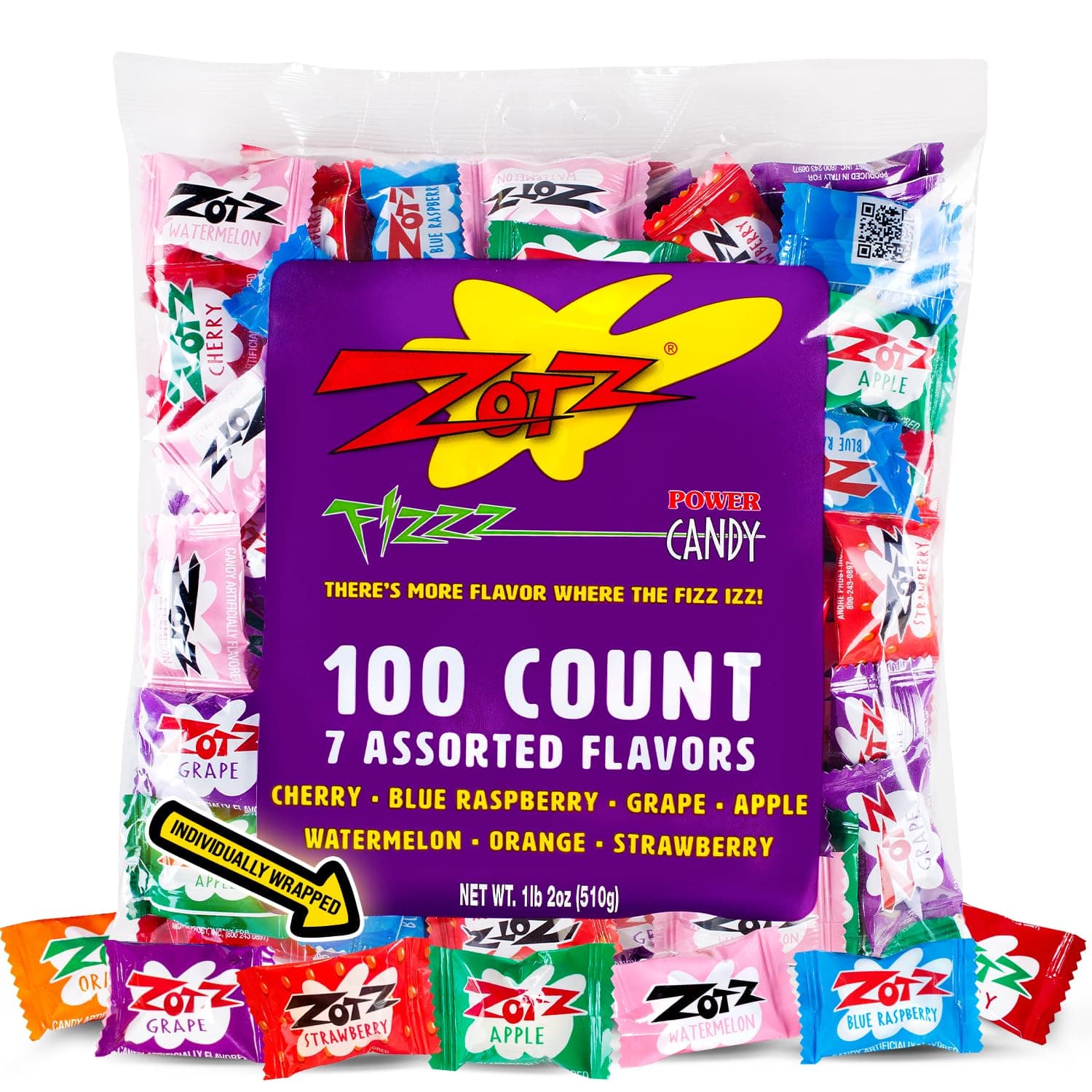 Fizzy Bulk Candy (Assorted, 100 Units)- Hard Candy Individually Wrapped- Assorted 7 Fruit Flavors, Cherry, Watermelon, Strawberry, Blue Raspberry, Apple, Orange & Grape- From Italy Since 1970