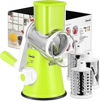 Geedel Rotary Cheese Grater, Kitchen Mandoline Vegetable Slicer and Cutter with 3 Interchangeable Blades, Easy to Clean Rotary Grater Slicer for Fruit, Vegetables, Nuts