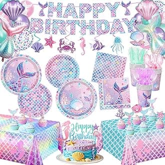Mermaid Birthday Decorations Include Plates, Napkins, Cups, Cutlery, Hanging Swirls, Banner, Cake & Cupcake Toppers, Balloons, Tablecloth for Mermaid Party Decorations, Serve 20