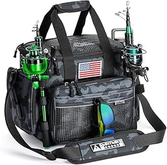 Ghosthorn Fishing Tackle Bag with Rod Holder Saltwater & Freshwater Resistant Tackle Box Bag - Adjustable Padded Shoulder Strap (Black Camouflage)