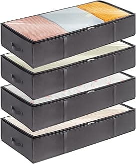 Lifewit 4 Pack 95L Under Bed Storage, Underbed Storage Boxes with lid Clothes Storage Bag Wardrobe Storage Organiser with Reinforced Handle, PVC Window for Duvet, Blanket, Clothing, Shoes, Grey