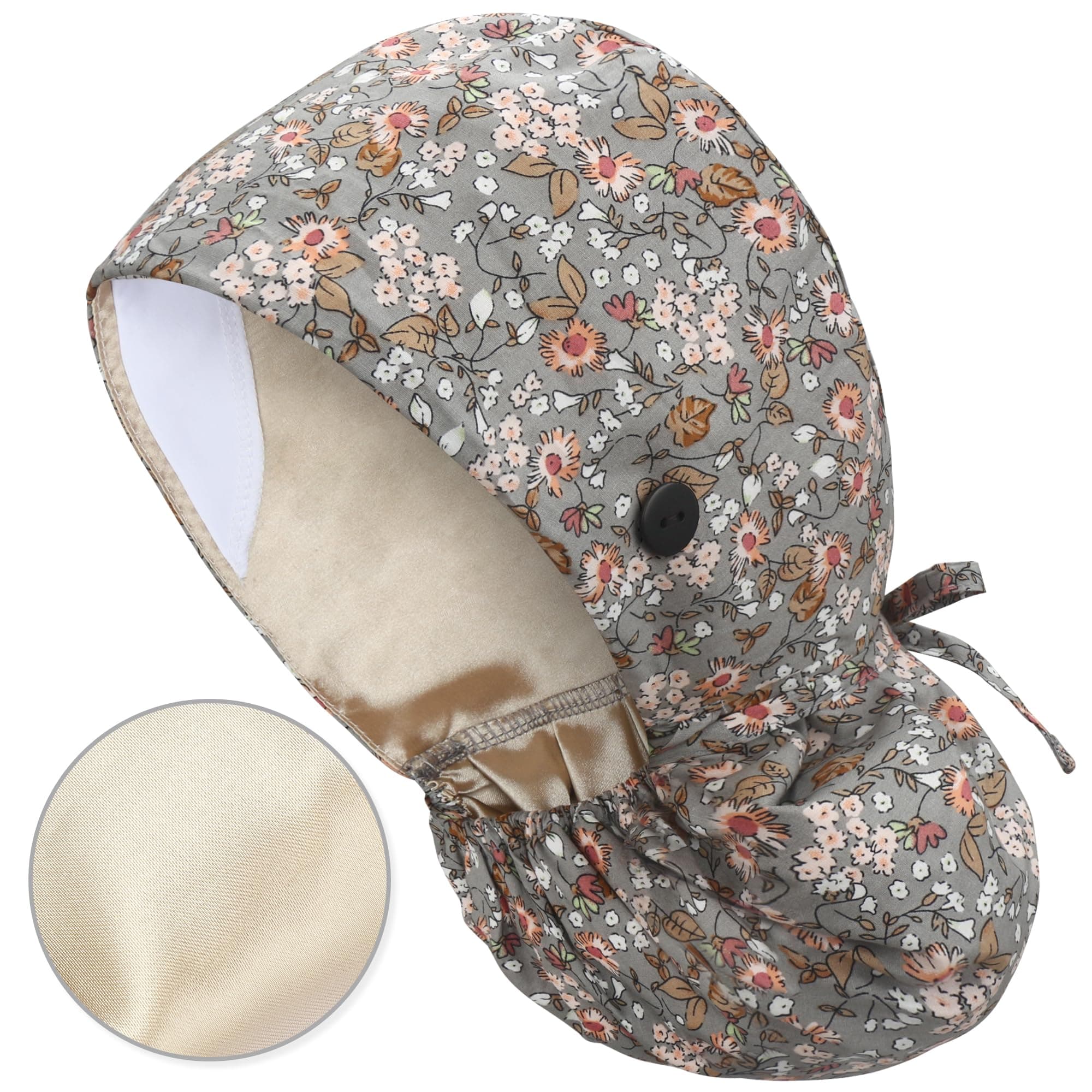 QBA Adjustable Working Cap with Button, Satin-Lined Hat, Cotton Working Hat Sweatband, Elastic Tie Back Hats Unisex