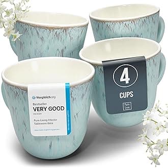 PURE LIVING INTERIOR DESIGN Stoneware Coffee Mugs Set of 4, Stylish Coffee Mug Set modern beige-blue, 10.5 Oz Coffee Cups Ceramic, Dishwasher and Microwave Safe Mug, Ceramic Mug, Coffee Cup Set
