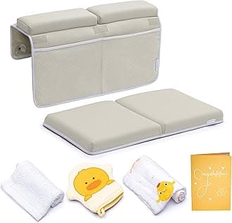 Bath Kneeler with Elbow Rest Pad Set, 1.75 inch Thick Kneeling Pad and Elbow Support for Knee Arm Support, Large Bathtub Kneeling Mat with Toy Organizer for Happy Baby Bathing Time, Beige