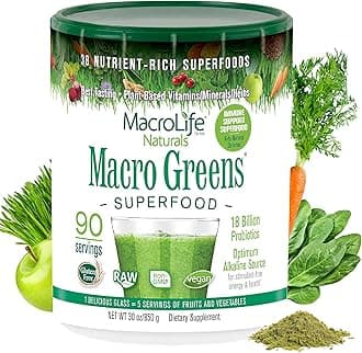 MacroLife Naturals Macro Greens Superfood Powder – 38 Superfoods with Probiotics, Digestive Enzymes & Adaptogens | Non GMO, Vegan, Gluten Free | 18B CFU | 30 oz (90 Servings)