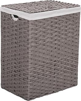 Seville Classics Premium Handwoven Portable Laundry Bin Basket with Carrying Handles, Household Storage for Clothes, Linens, Sheets, Gray, Rectangular Hamper