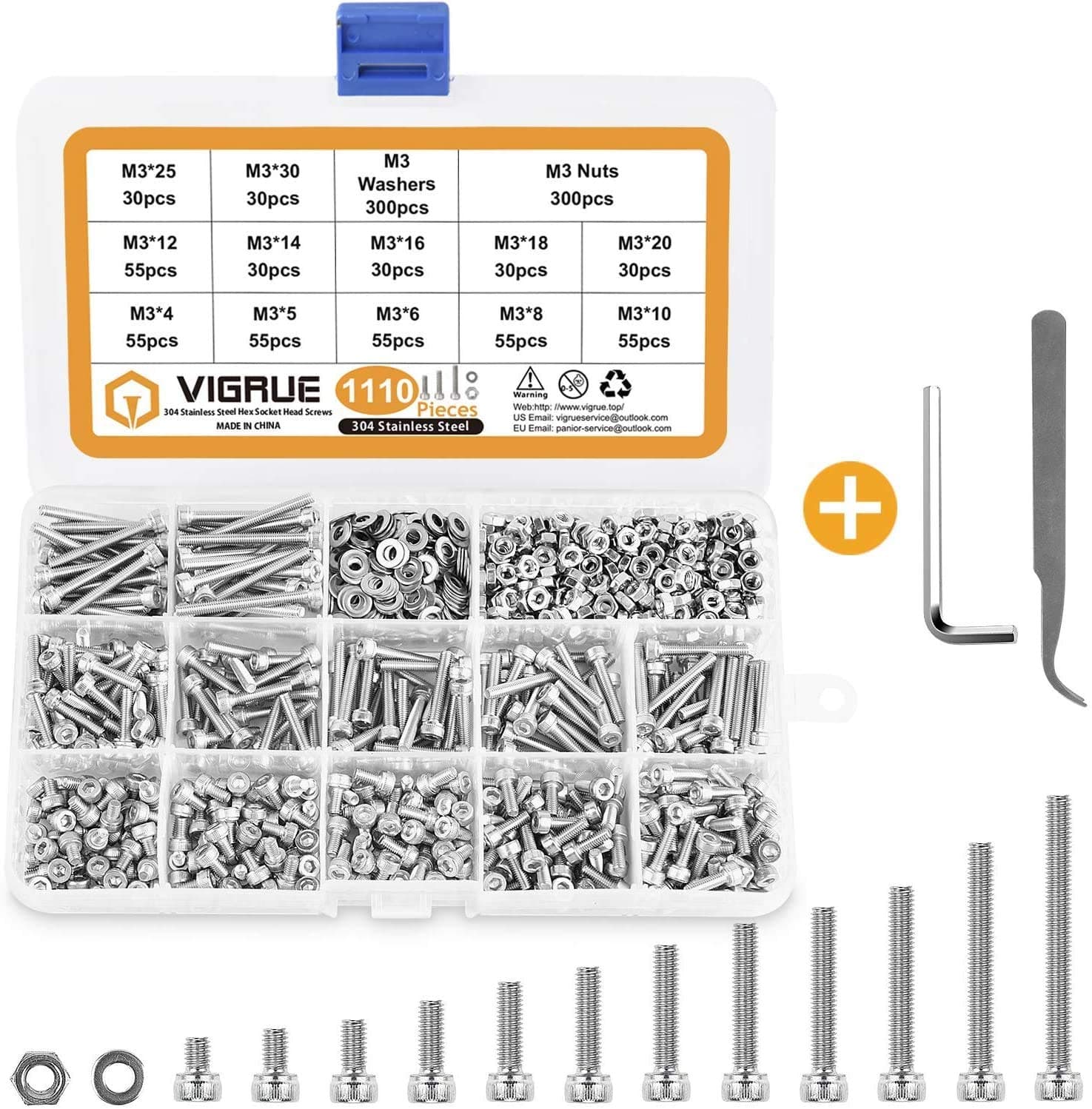 VIGRUE 1110PCS M3 Hex Socket Head Cap Screws Nuts Kit, M3 x 4/5/6/8/10/12/14/16/18/20/25/30mm Stainless Steel Screws Assortment Set w/Allen Wrench and Tip Curved Tweezer
