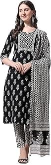 Women's Fancy Straight Fit Cotton Printed and Embellished Kurta Set with Trouser Pant and Dupatta