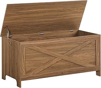 43.3" Toy Chest, Sturdy Entryway Storage Chest with Safety Hinges, Retro Toy Box, Wooden Look Accent Furniture for Living Room, Bedroom, Honey Brown SCOR48501