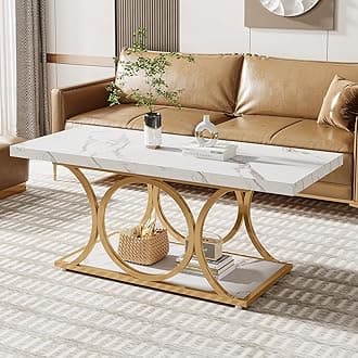 Tribesigns Rectangle Coffee Table, Modern Coffee Tables for Living Room, 2-Tier Faux Marble Wood Coffee Table with Geometric Metal Legs, Home Furniture with Storage Shelf (White and Gold)
