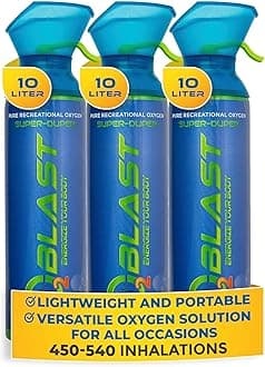 O2 Blast - Pure Oxygen Supplement, Portable Can Filled with 99.99% Pure Oxygen with Custom Breathing Mask, Energy, Performance, Fast Recovery Time, Ideal for High Altitude & Sports - 10L, 3-Pack