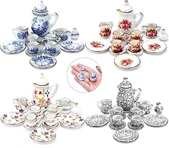 Skylety 60-Piece 1:12 Scale Miniature Porcelain Tea Cup Set - 4 Sets, 4 Colors, 60 Pieces - Dollhouse Decor