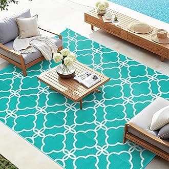 Ashler Outdoor Rug, Outdoor Plastic Straw Rug, 5x8 Reversible Teal Blue Patio Mat, Flower Modern Design for RV, Backyard, Deck, Camping, Picnic, Spring, Durable & Weather-Resistant Large Area Rug