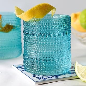 Hobnail Beaded Drinking Glasses Vintage Glassware Set | Cocktail Glass Set, Juice Glass, Water Cups | Makes A Great Hostess Gift, Gift for Newlyweds (Aqua Blue)