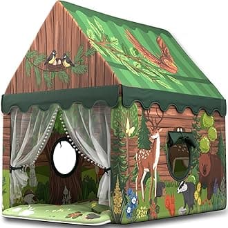 Kids Play Tent – Large Indoor Playhouse for Boys & Toddlers, Woodland Nursery Design, Earthy Green (55”49”47”) – Sturdy Poles, Battery Lights, Carry Bag, 2 Windows – CPSC Certified