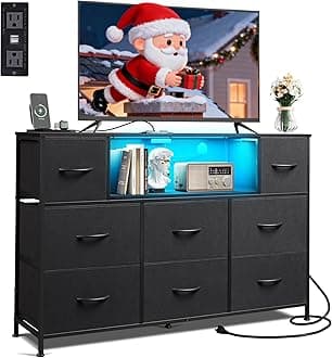 WLIVE Black Dresser for Bedroom, TV Stand for Bedroom for 55 inch TV with Charging Station and LED Lights, Fabric Chest of Drawers with Open Shelves, 8 Drawers Dressers for Living Room,