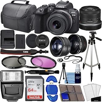 Canon EOS R10 Mirrorless Camera w/RF-S 18-45mm f/4.5-6.3 is STM Lens + Wide Angle Lens + Telephoto Lens + 64GB Memory + Filter Kit + Case + Flash + Tripod + More (37pc Bundle), Black