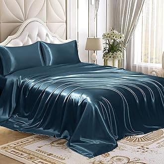 4pcs Satin Sheets Set Luxury Silky Satin Bedding Set with Deep Pocket, 1 Fitted Sheet + 1 Flat Sheet + 2 Pillowcases (Queen Size, Deep Sea Blue)