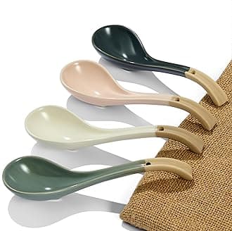 Asian Ceramic Soup Spoon, with Long Handle Easy to Hold, Non-slip Bottom, for Japanese Ramen, Chinese and Vietnamese Wonton, Noodle Soup Spoons (V38)