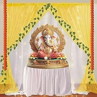 13pcs Set White & Yellow Backdrop Net for Decoration with Money Plant Strings & Orange Marigold | Backdrop for Pooja Decoration, Ganpati, Janmashtami, Varalakshmi, Diwali, Haldi