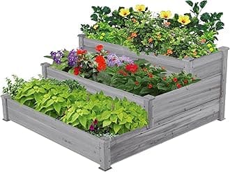 Yaheetech 3 Tier 47 x 47 x 22in Raised Garden Bed Horticulture Outdoor Elevated Flower Box Tiered Garden Bed Wooden Vegetables Growing Planter for Backyard/Patio/Gardener, Gray