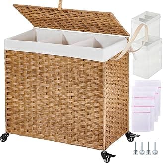 Laundry Hamper with Wheels&Lid, 140L Large 3 Sections Clothes Hamper with 2 Types Removable Liner Bags, 5 Mesh Laundry Bags, Handwoven Divided Laundry Basket for Clothes, Natural