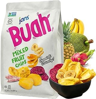 Jans Buah Mixed Fruit Chips, 7 Oz — Tropical Mix of Red Dragonfruit, Pineapple, Banana, Jackfruit, Taro, Pumpkin Chips - Deliciously Sweet & Crunchy Mixed Chips Snacks, Non-GMO, Gluten Free, Vegan