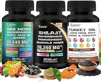 Shilajit,Sea Moss, Black Seed Oil,Mushroom & Herb Supplement with Lions Mane, Turkey Tail, Reishi, Cordyceps, Chaga, Ashwagandha, Ginger, Rhodiola Rosea & Panax Ginseng,All in One Supplement.