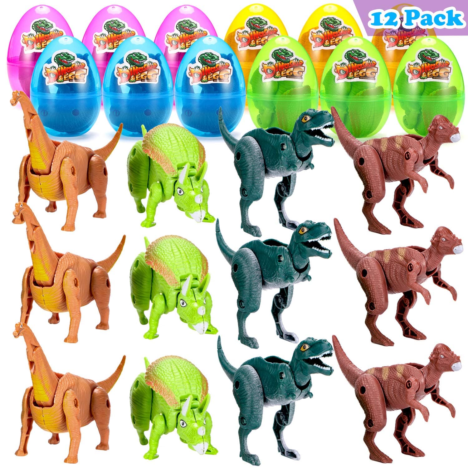 SHEOO 8 Packs Easter Basket Stuffers, Jumbo Dinosaur Easter Eggs, Prefilled Deformation Dino Plastic Eggs for Easter Egg Hunt