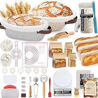 38 Pcs Sourdough Starter Kit, Cotton Rope Banneton Bread Proofing Basket with Sourdough Starter Jars,10 Inch Round & Oval Proofing Basket with Liners & Covers for Artisan Bread Baking