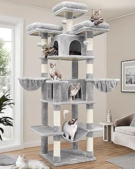 Globlazer F81 Cat Trees and Towers for Large Cats, 81inch Tall Cat Tree Tower for Indoor Cats, Giant Cat Tree with Hammock, Scratching Post, 2 Cat Caves, 3 Top Perches, 2 Hanging Basket, Light Grey