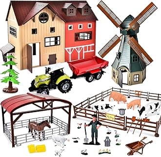 JONRRYIN Farm Animals Toys, Farm Toys with Windmill House Horse Stable Tractor Trailer Farmer Fence Cows, Farm Animal Playset, Farm Animal Figures Play Set Gifts for Kids Boys Children 3-7 Years Old